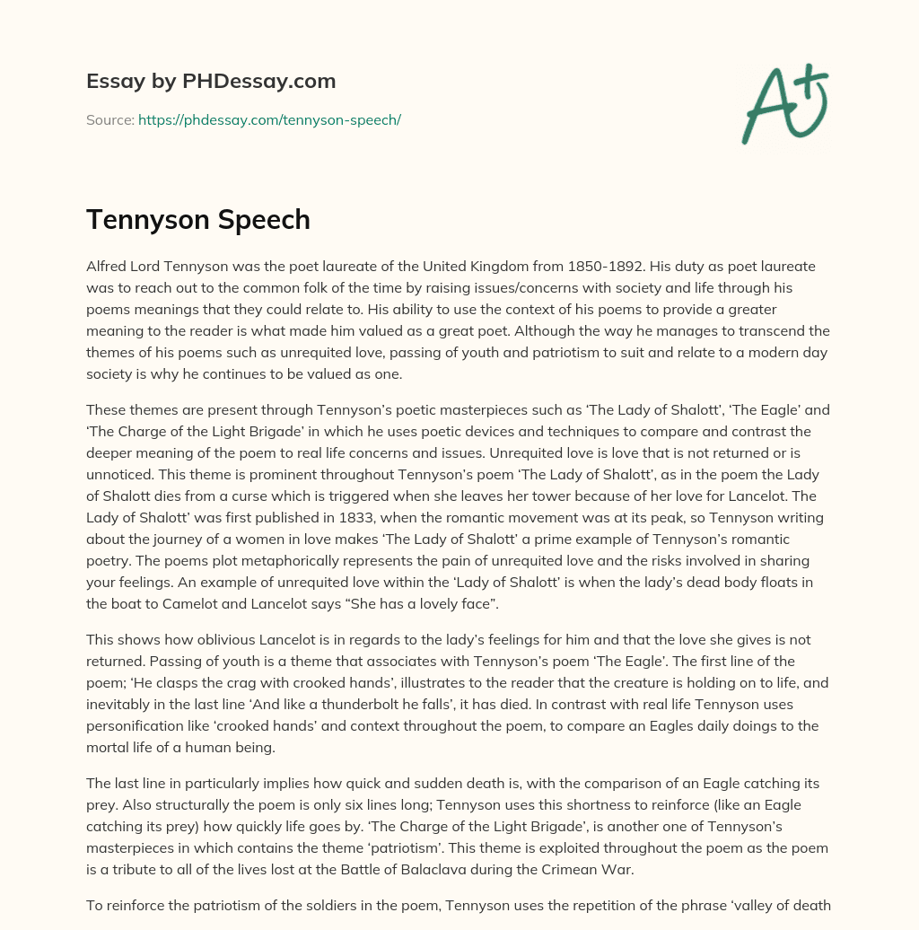 Tennyson Speech essay
