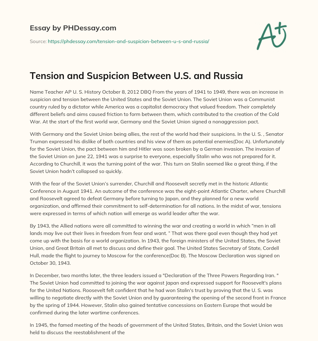 Tension and Suspicion Between U.S. and Russia essay
