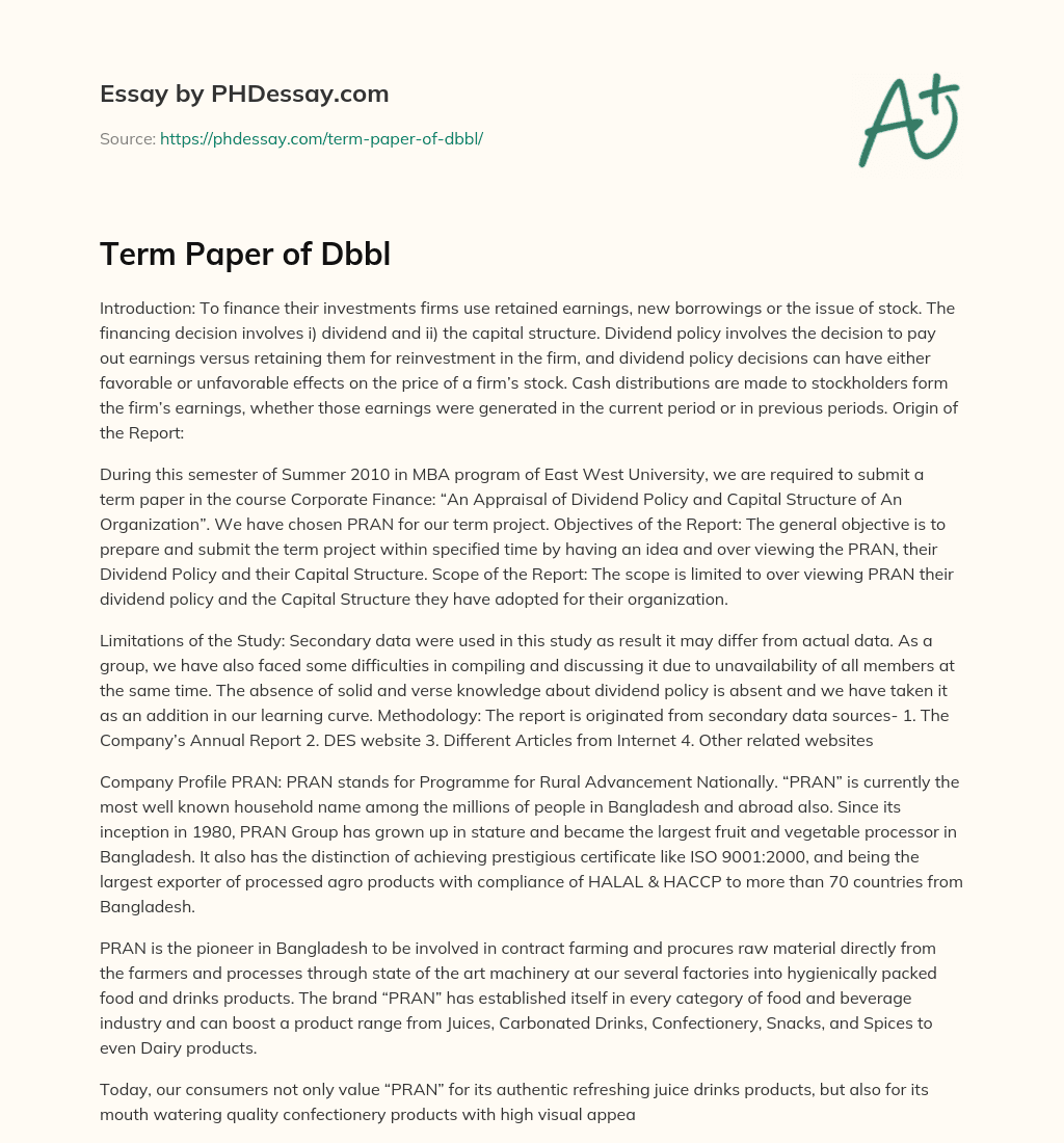 Term Paper of Dbbl essay