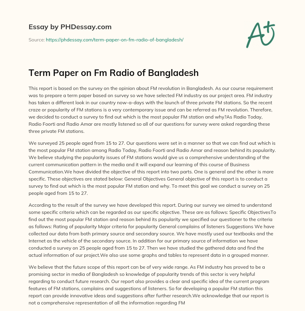 Term Paper on Fm Radio of Bangladesh essay