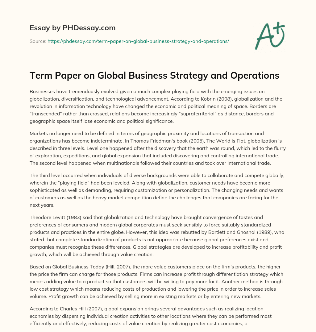 Term Paper on Global Business Strategy and Operations essay