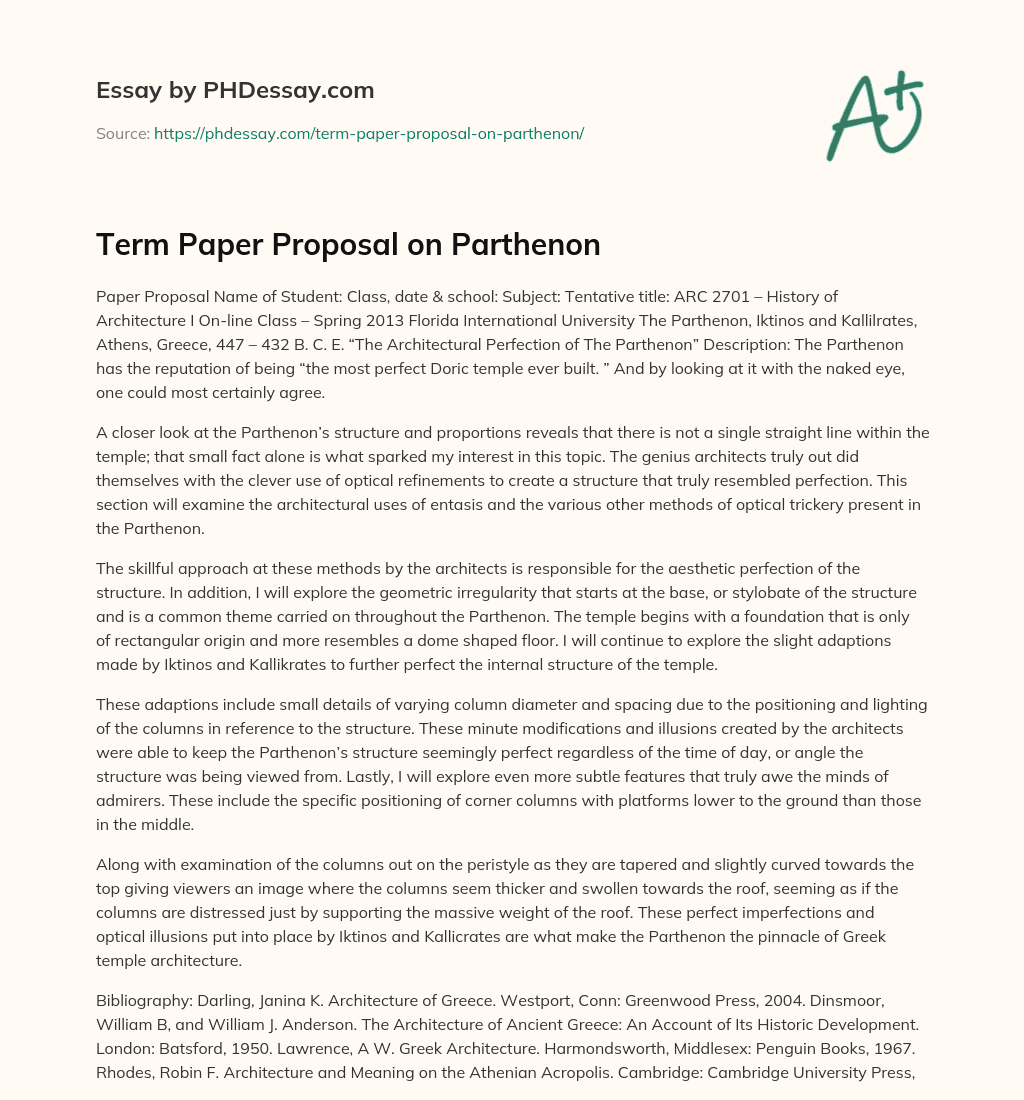Term Paper Proposal on Parthenon essay