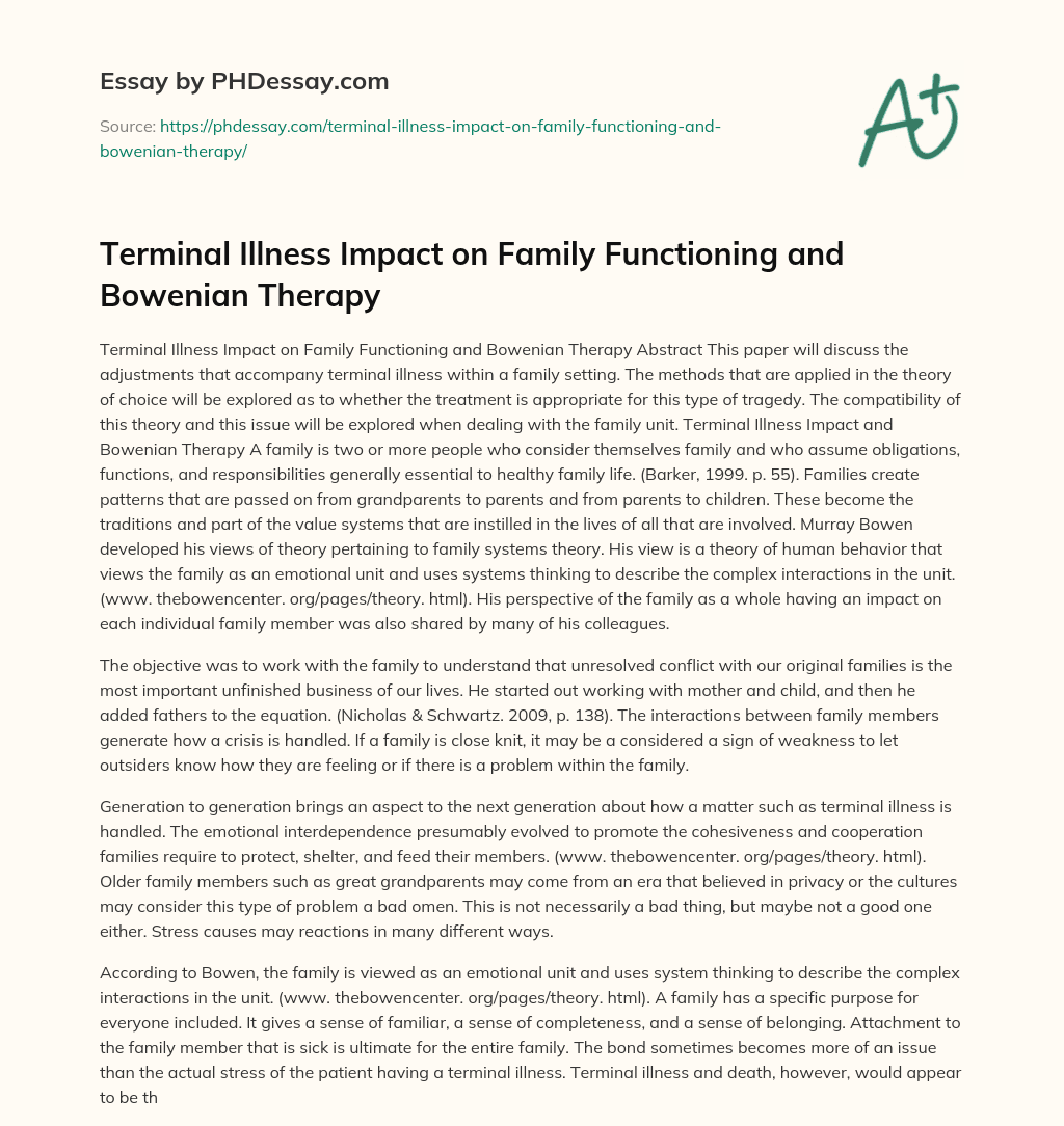 Terminal Illness Impact on Family Functioning and Bowenian Therapy essay