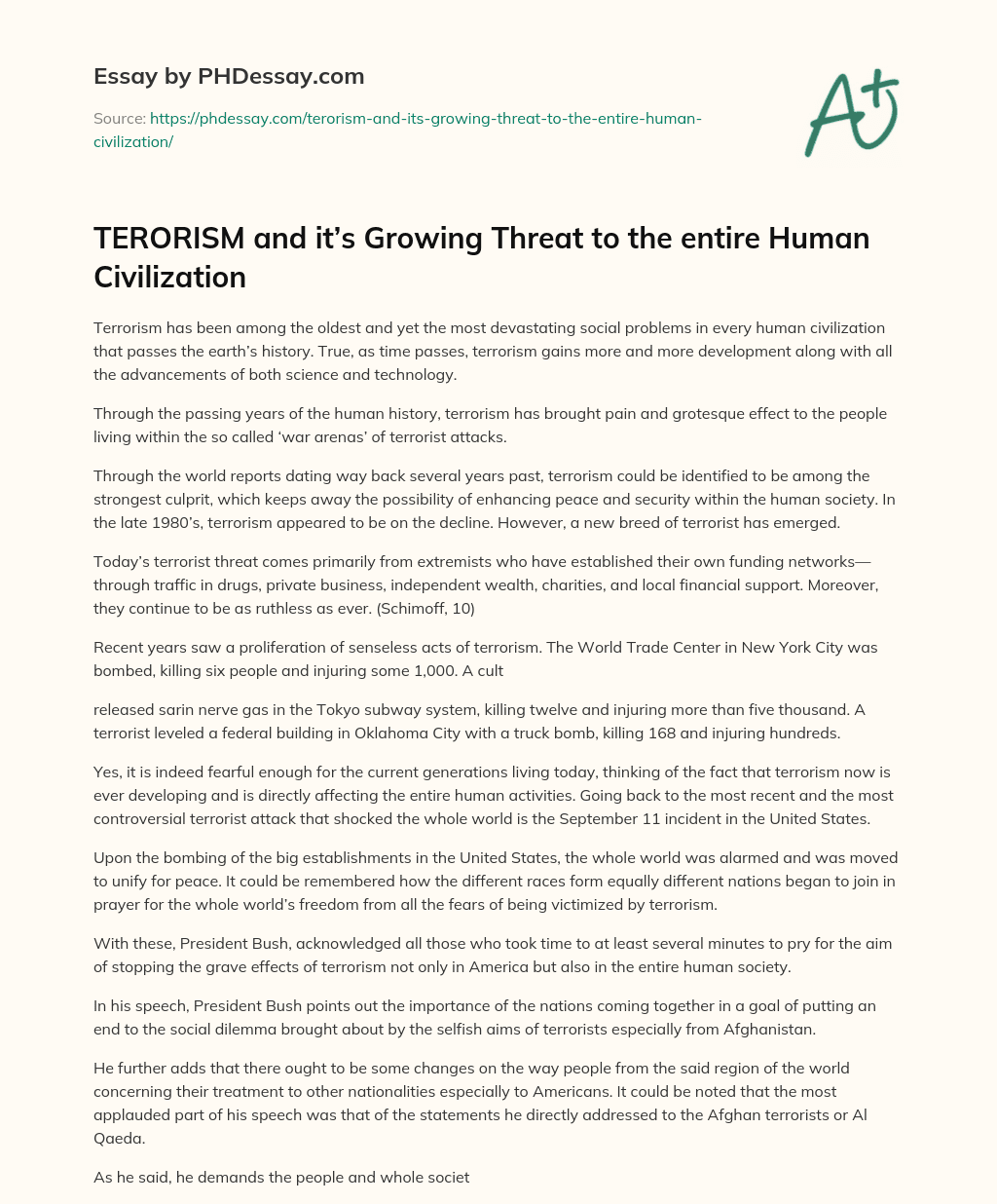 TERORISM and it’s Growing Threat to the entire Human Civilization essay