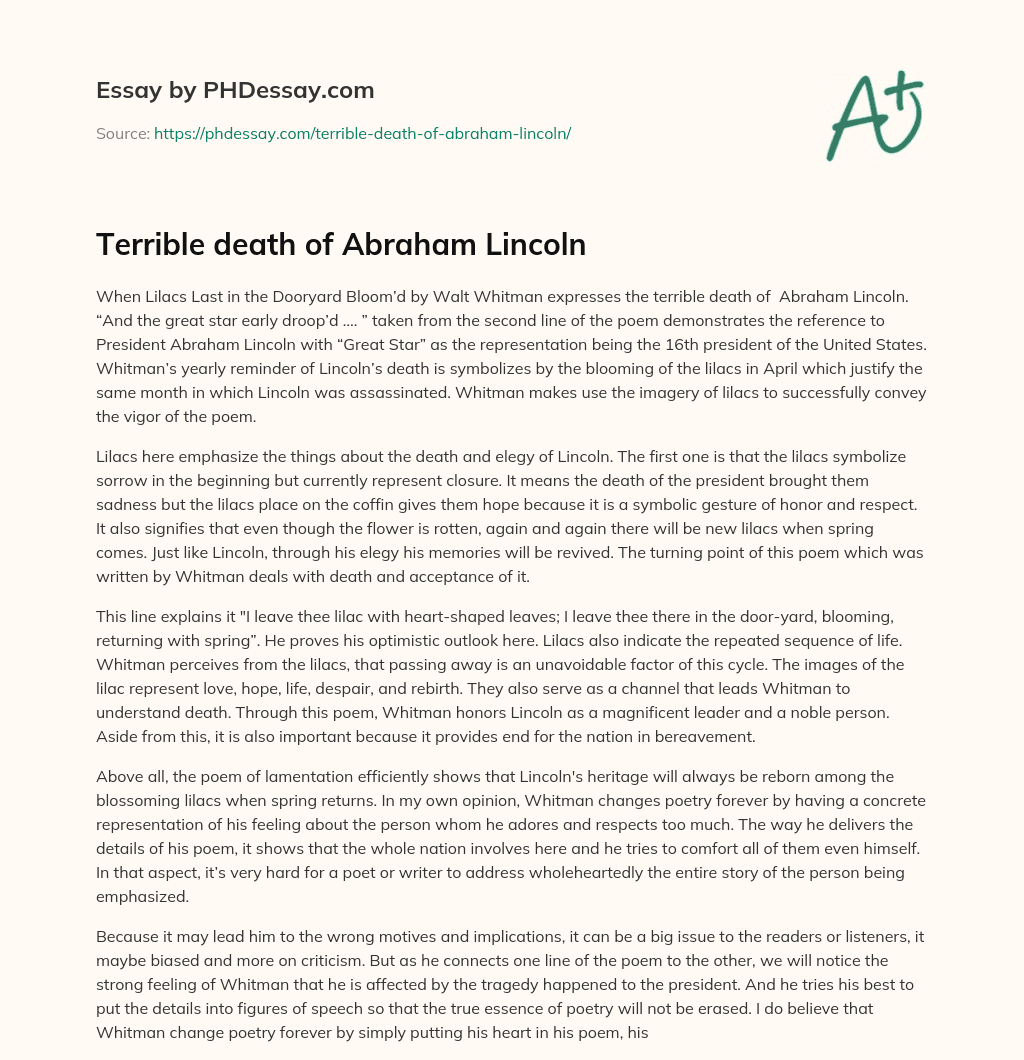Terrible death of  Abraham Lincoln essay