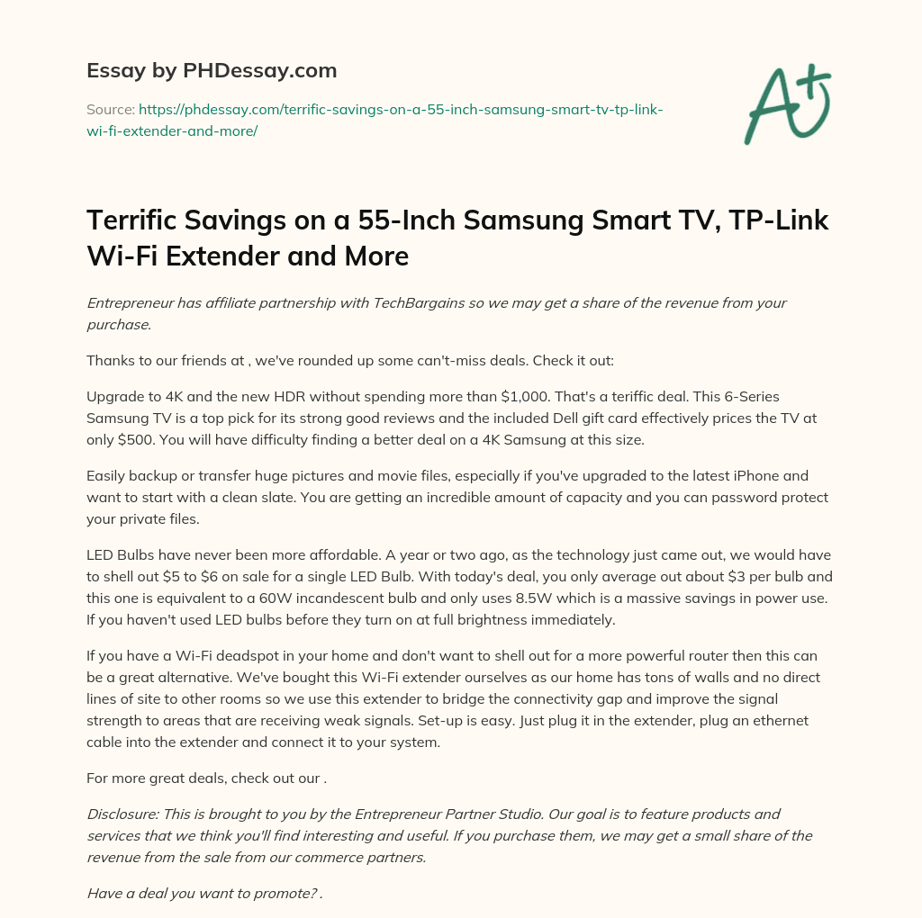 Terrific Savings on a 55-Inch Samsung Smart TV, TP-Link Wi-Fi Extender and More essay