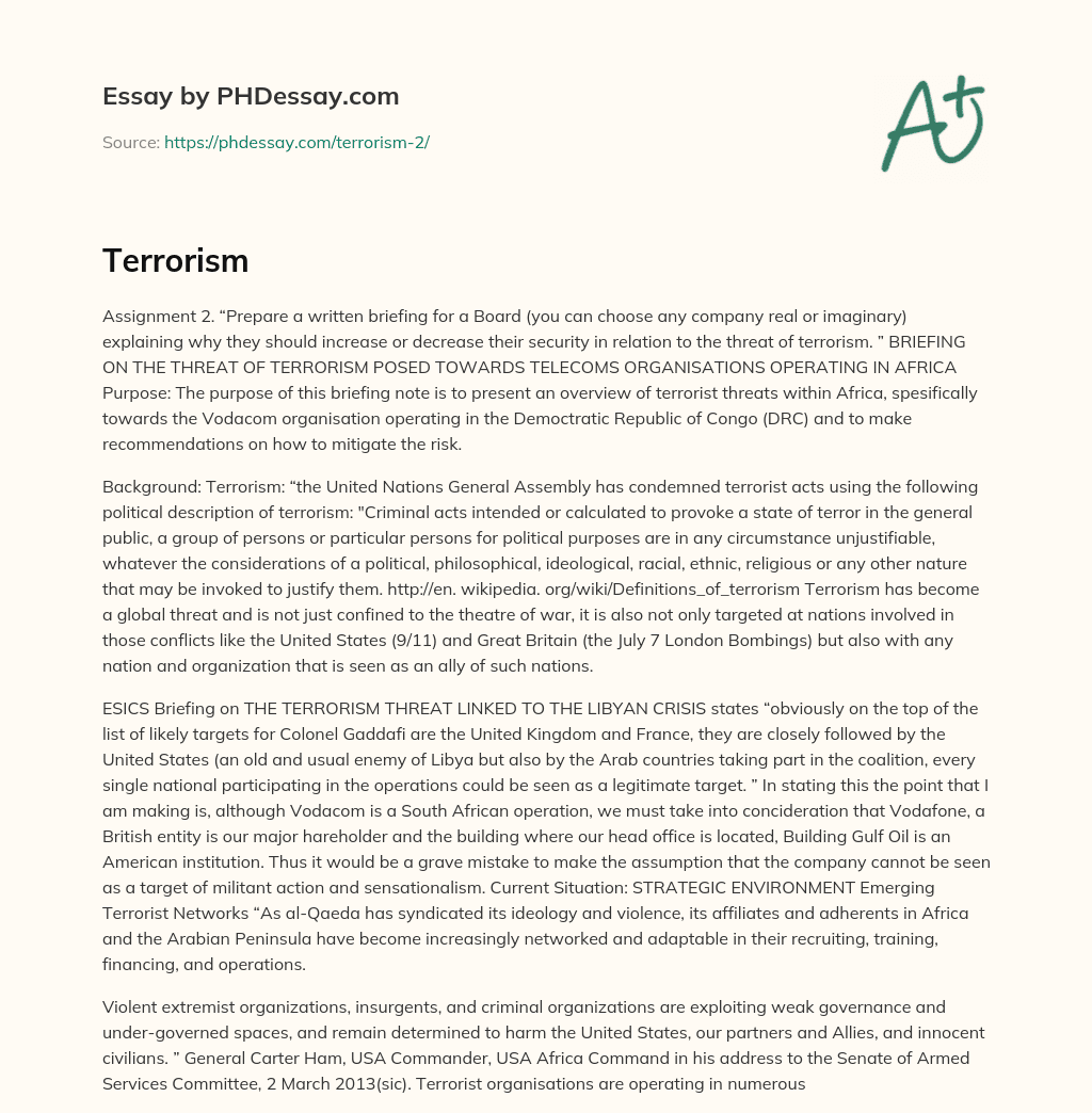 Briefing on the Threat of Terrorism for Telecoms in Africa, with a Focus on Vodacom in the DRC essay