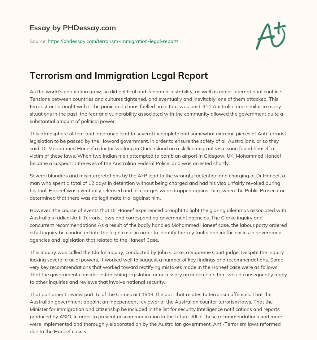 Terrorism and Immigration Legal Report essay