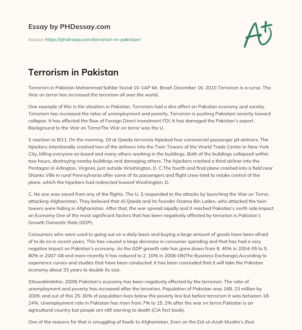 terrorism in pakistan essay in english with outline