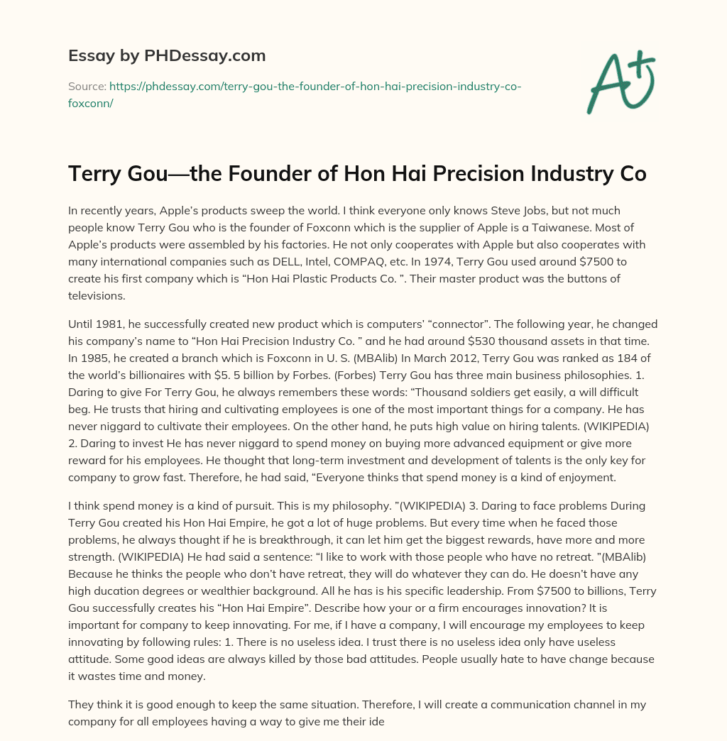 Terry Gou—the Founder of Hon Hai Precision Industry Co essay
