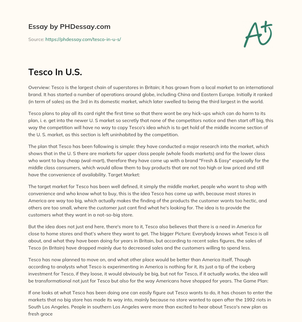 Tesco’s Expansion Strategy: From Local Market to International Brand, with a Focus on the Middle Class Market in the US essay