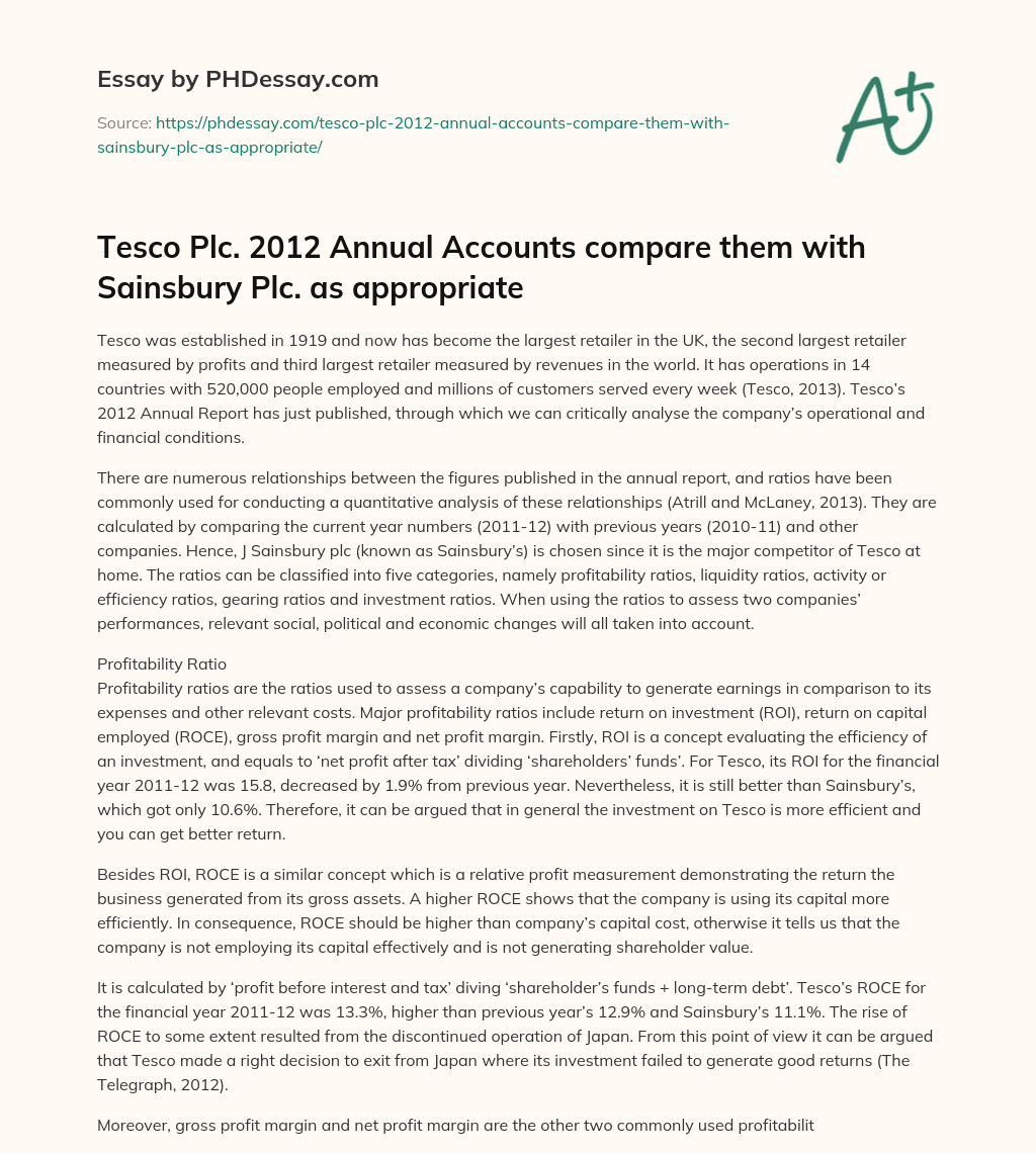 Tesco’s 2012 Annual Report: A Critical Analysis of Operational and Financial Conditions Through Ratio Analysis essay