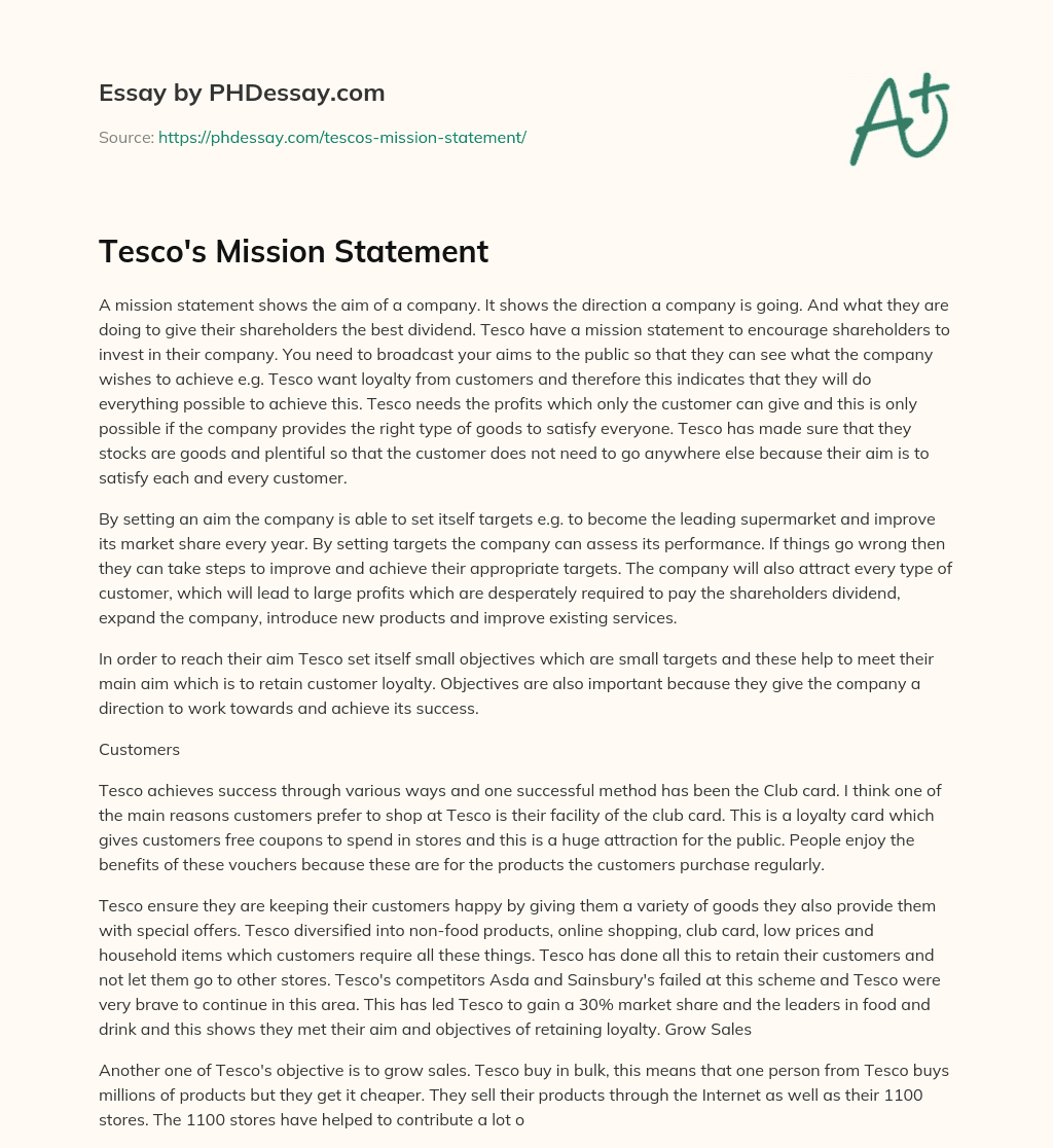Tesco’s Mission Statement essay