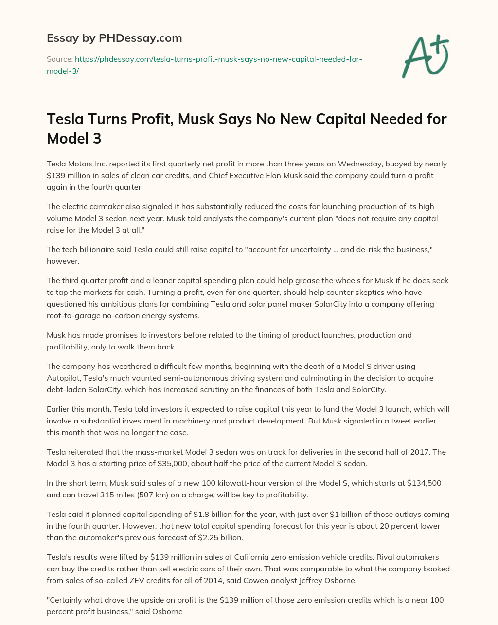 Tesla Turns Profit, Musk Says No New Capital Needed for Model 3 essay