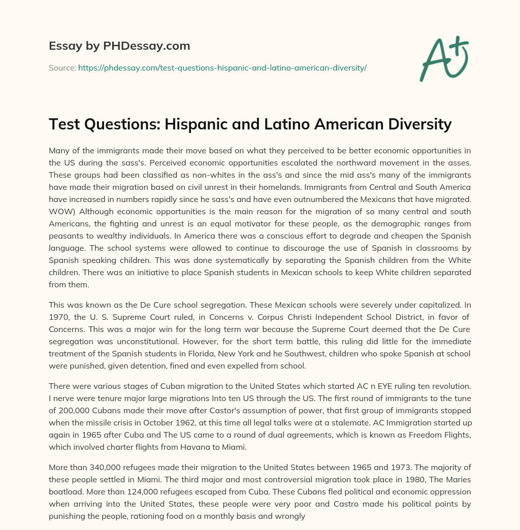 Test Questions: Hispanic and Latino American Diversity essay