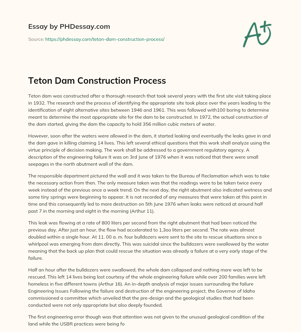 Teton Dam Construction Process essay