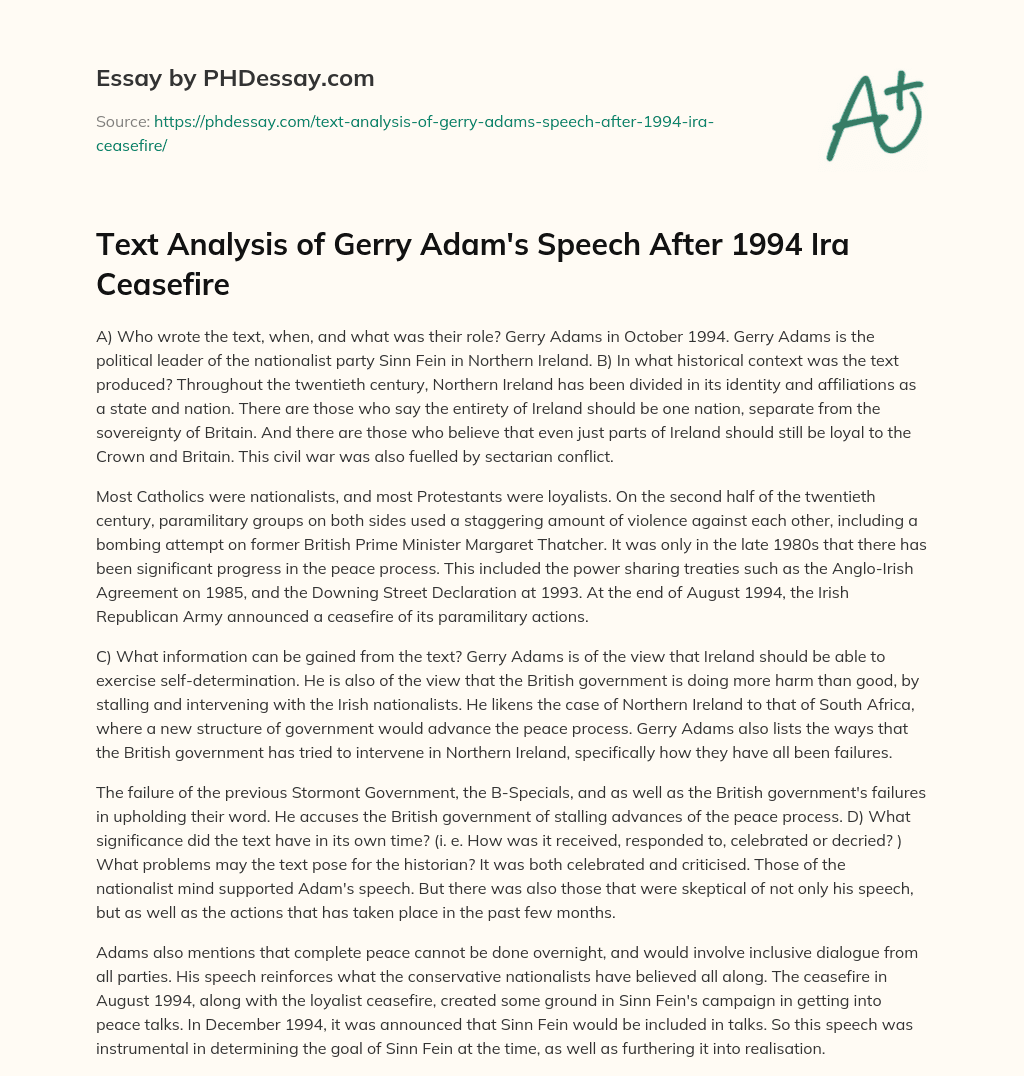 Text Analysis of Gerry Adam’s Speech After 1994 Ira Ceasefire essay