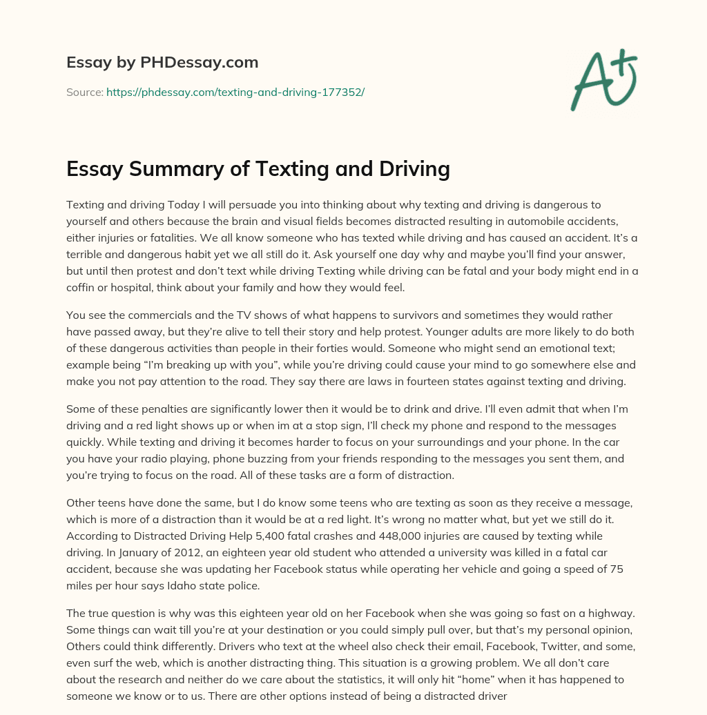 Essay Summary of Texting and Driving essay