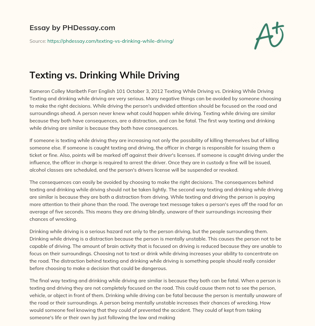 essay on drinking and driving