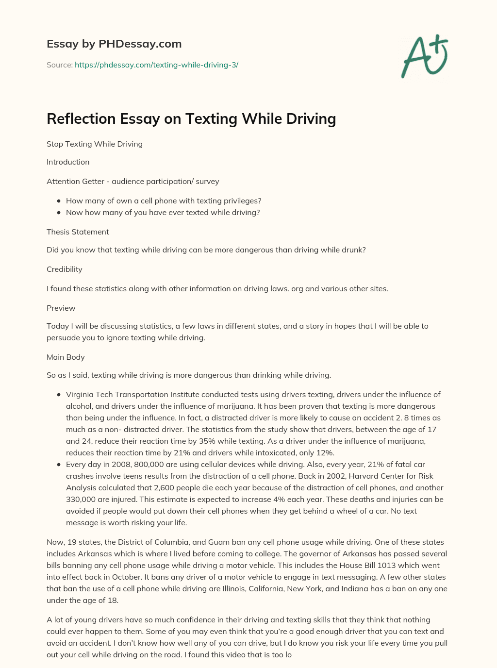 Reflection Essay on Texting While Driving essay