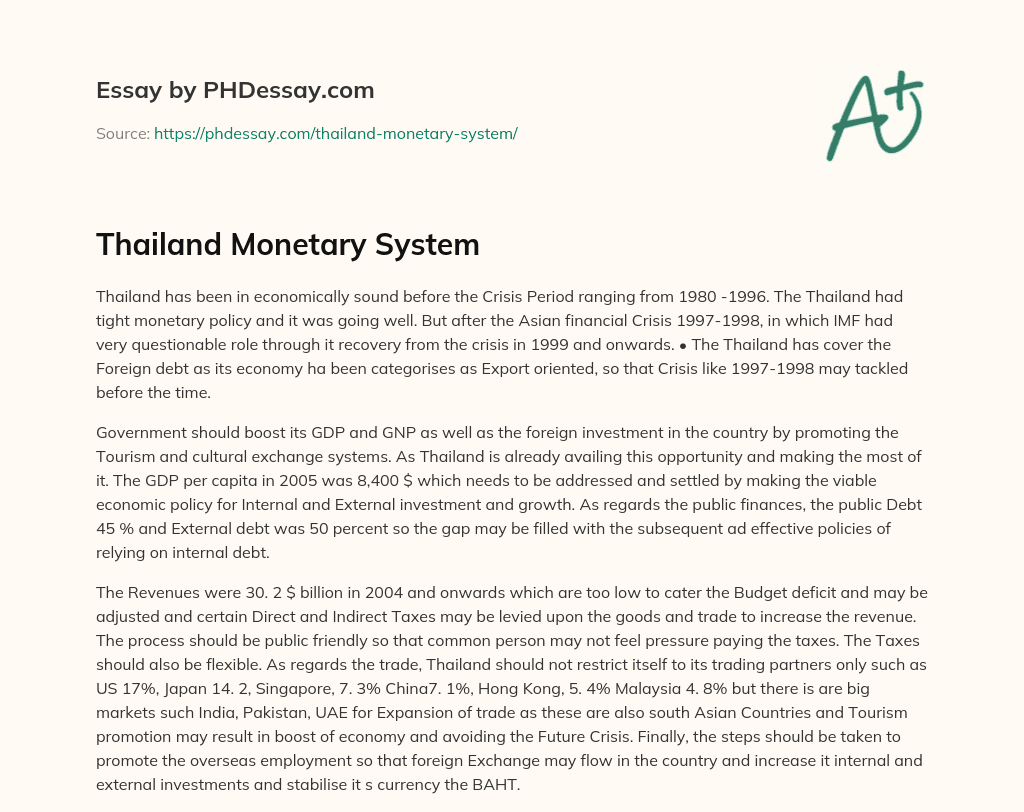 Thailand Monetary System essay