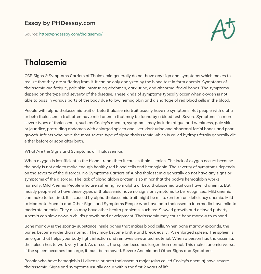 Symptoms and Types of Thalassemia: Lack of Oxygen Causes the Disease essay