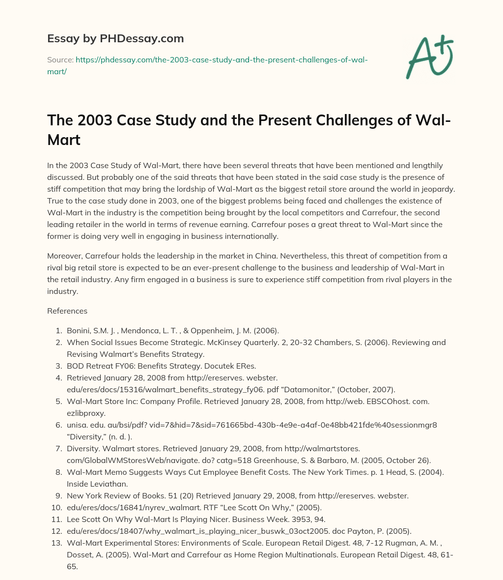 The 2003 Case Study and the Present Challenges of Wal-Mart essay