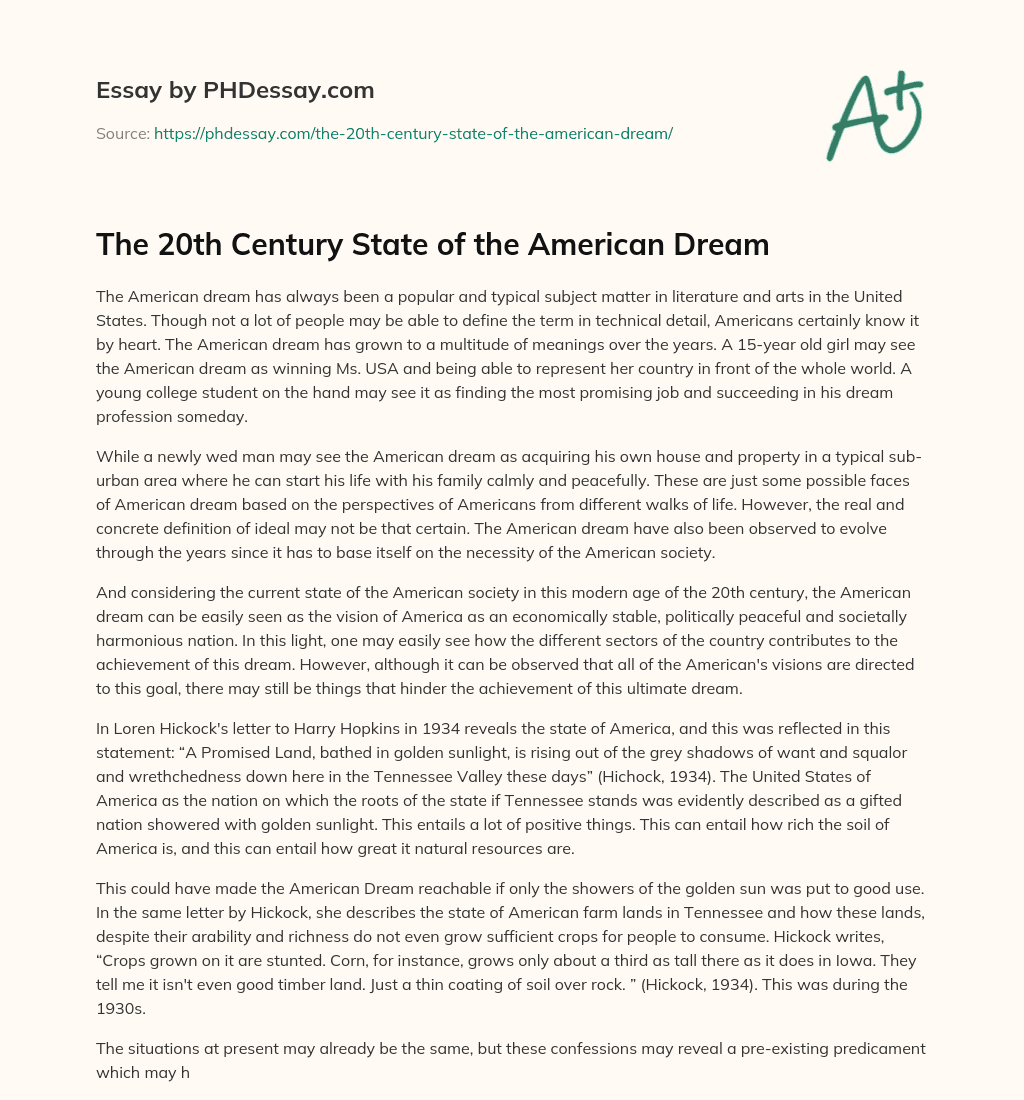 The 20th Century State of the American Dream essay