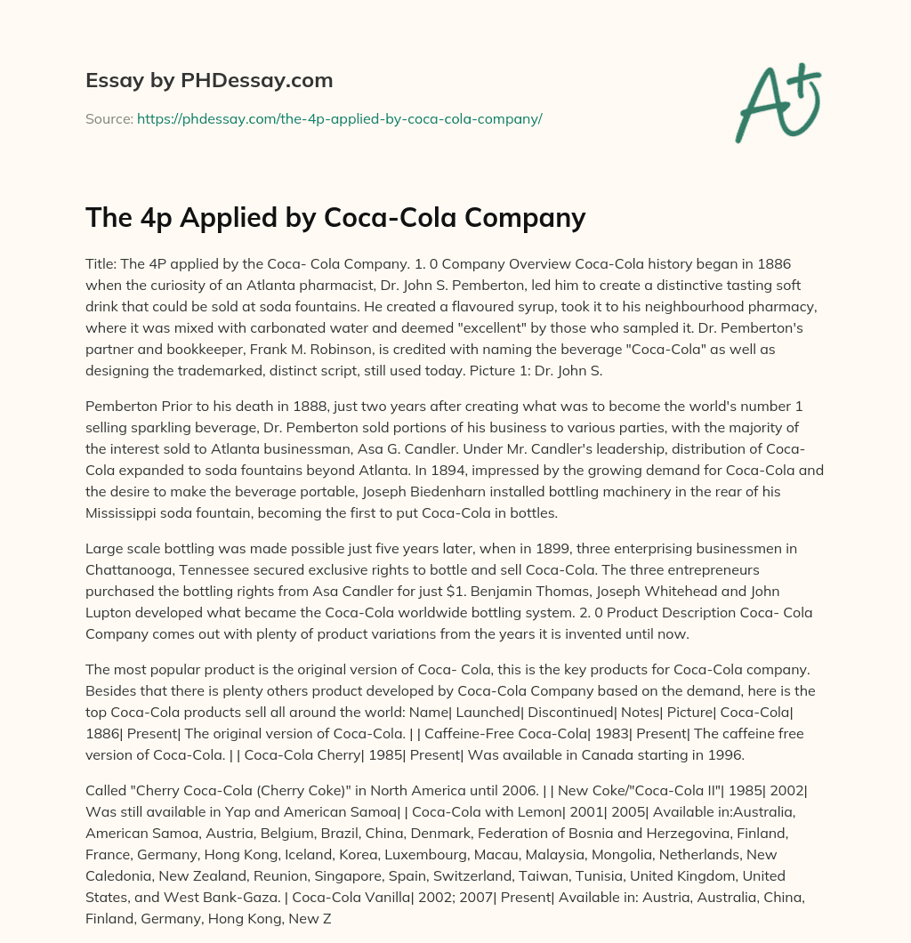 The 4p Applied by Coca-Cola Company essay