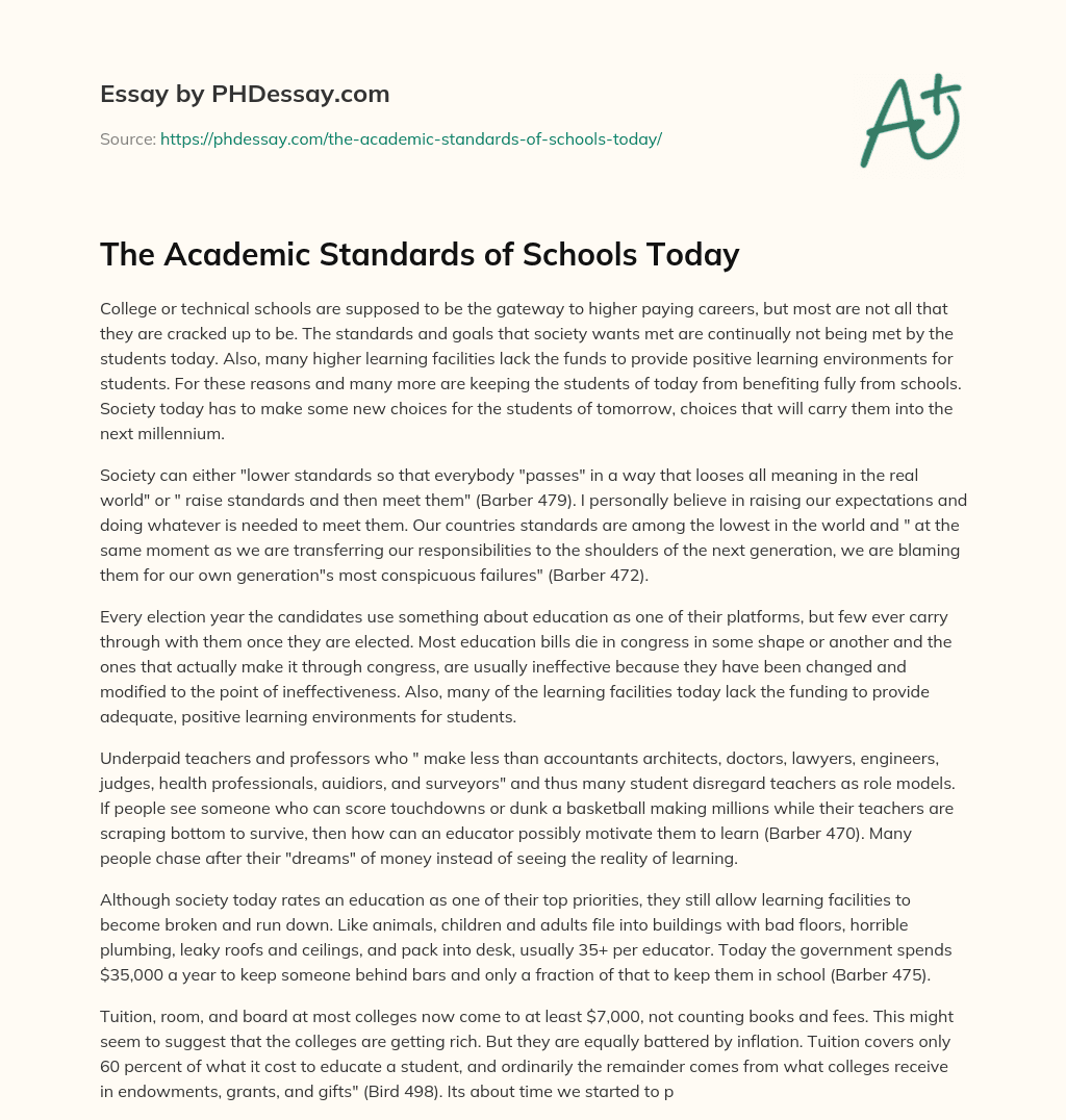 The Academic Standards of Schools Today essay