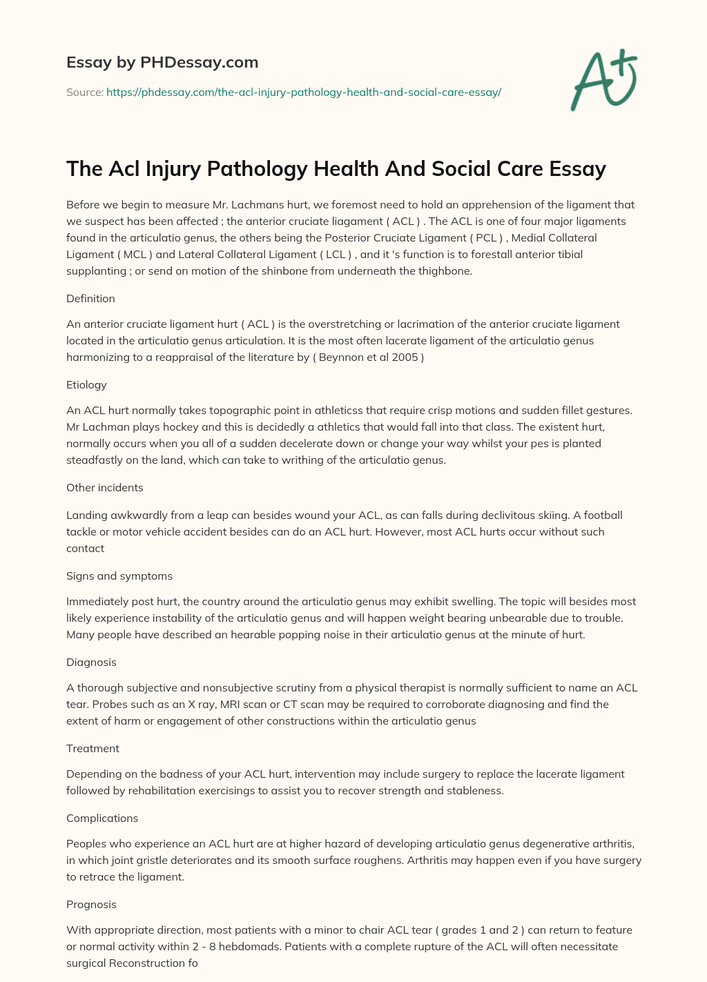 The Acl Injury Pathology Health And Social Care Essay essay