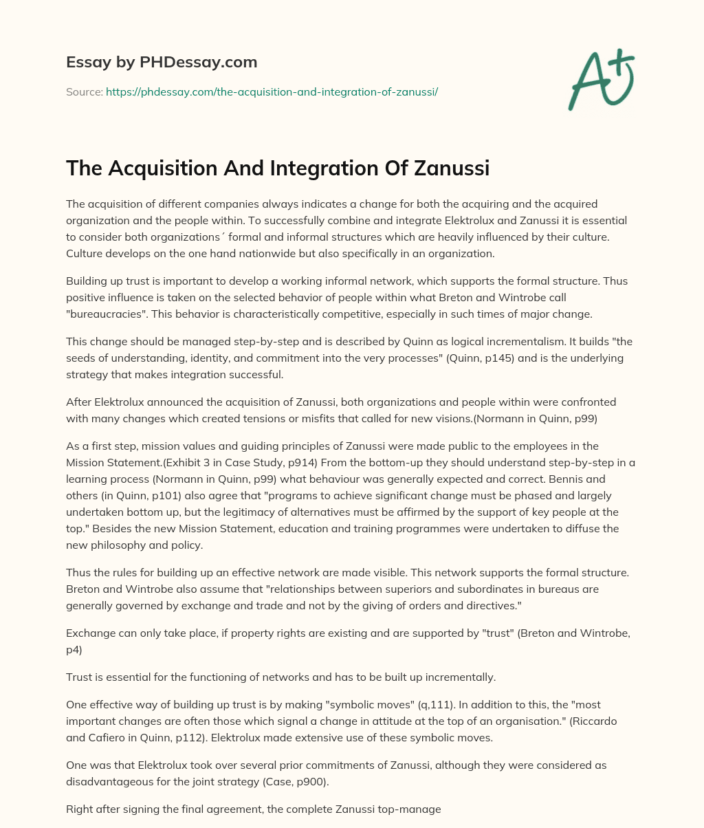 The Acquisition And Integration Of Zanussi essay