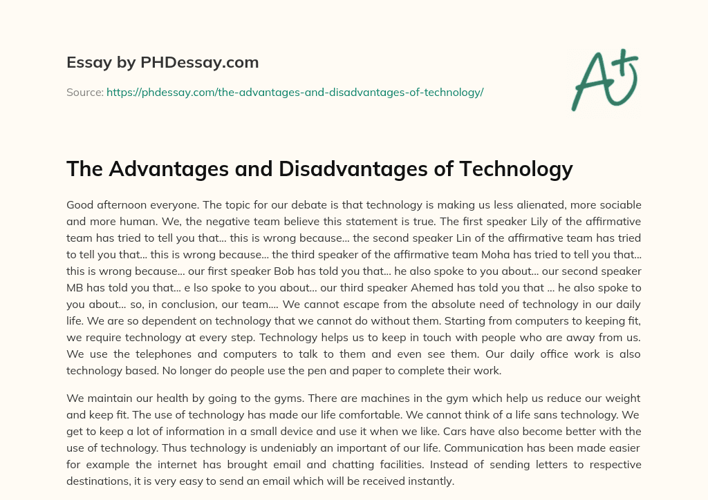 advantages and disadvantages of technology in our lives essay