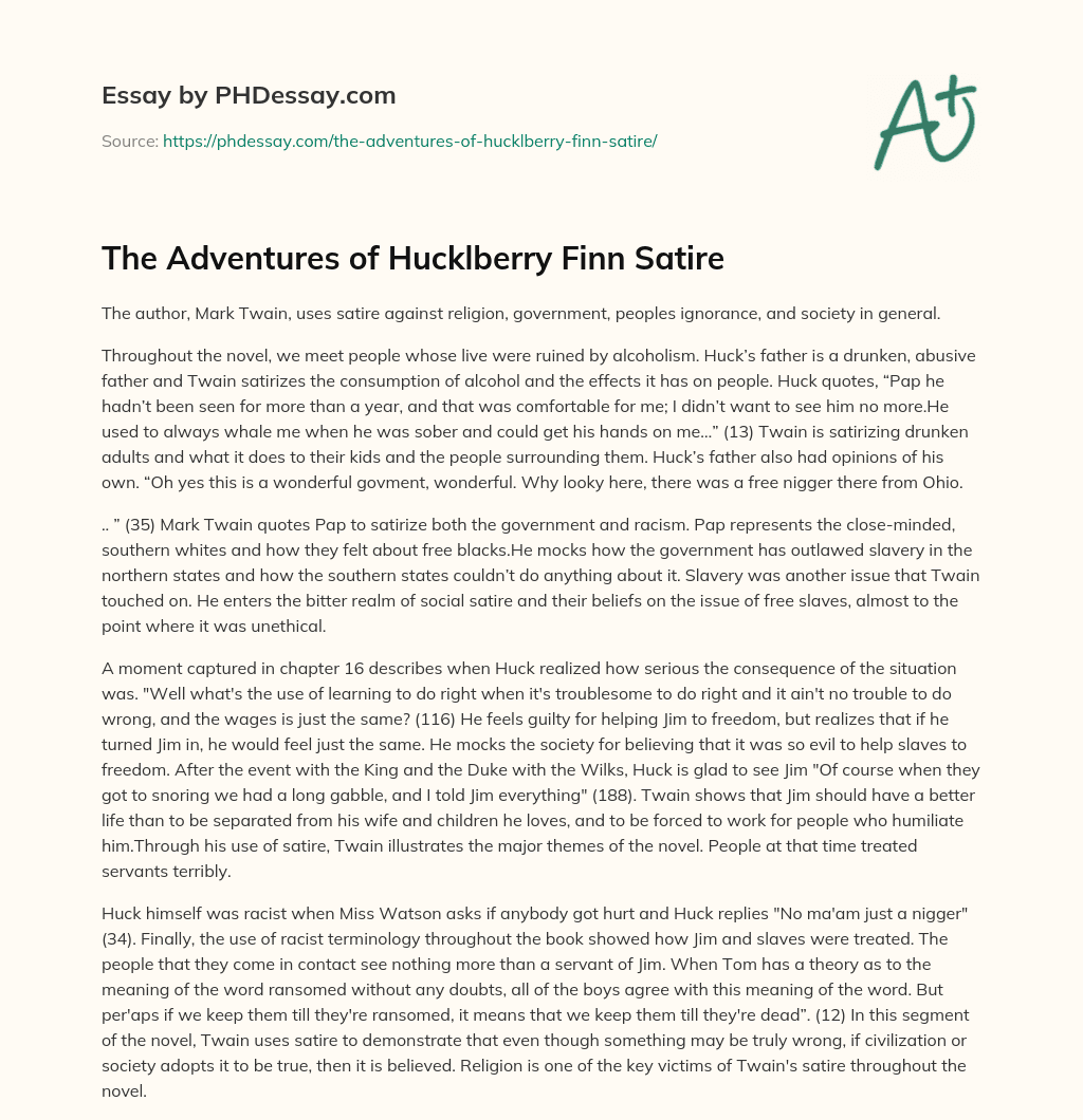 The Adventures of Hucklberry Finn Satire essay