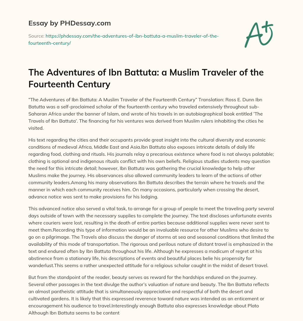 The Adventures of Ibn Battuta: a Muslim Traveler of the Fourteenth Century essay