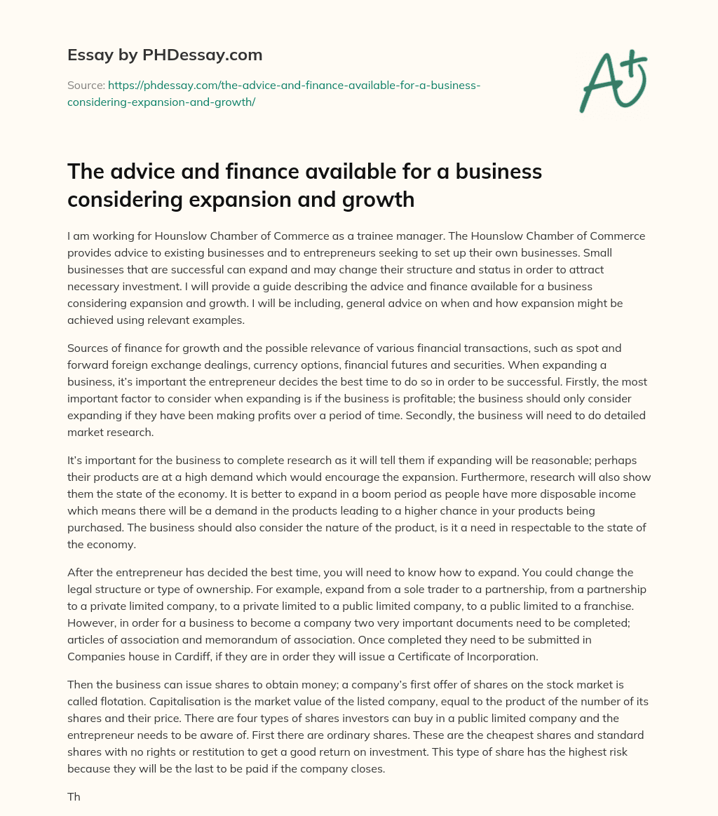 The advice and finance available for a business considering expansion and growth essay