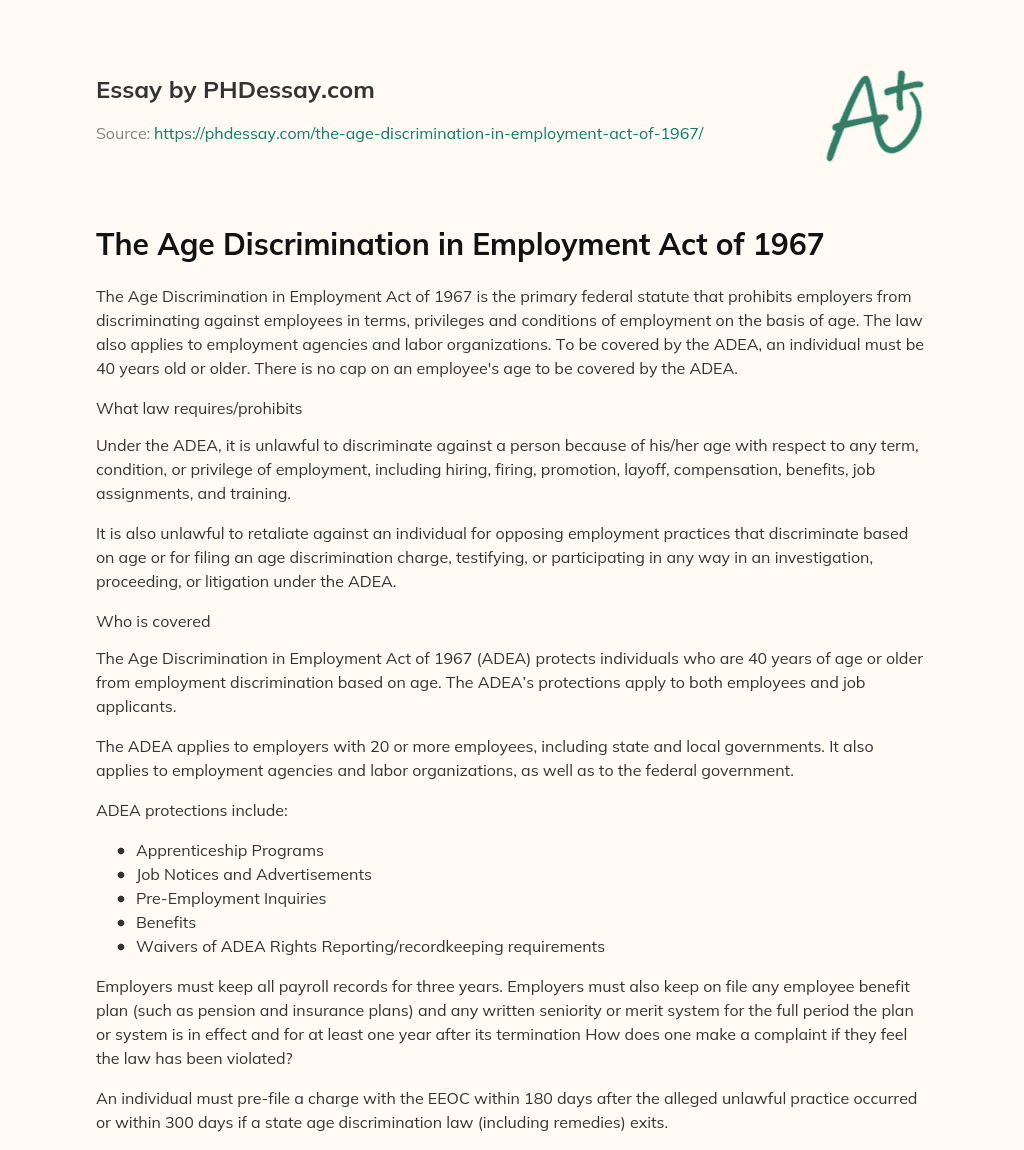 The Age Discrimination In Employment Act Of 1967 300 Words 1018