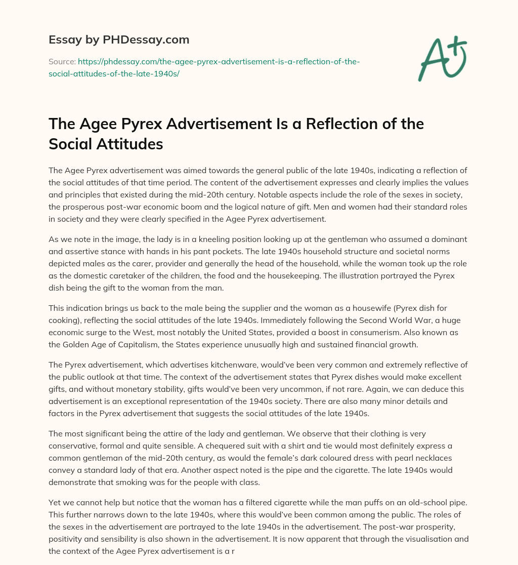 The Agee Pyrex Advertisement Is a Reflection of the Social Attitudes essay
