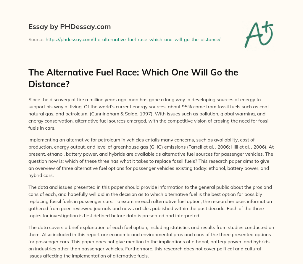 The Alternative Fuel Race: Which One Will Go the Distance? essay