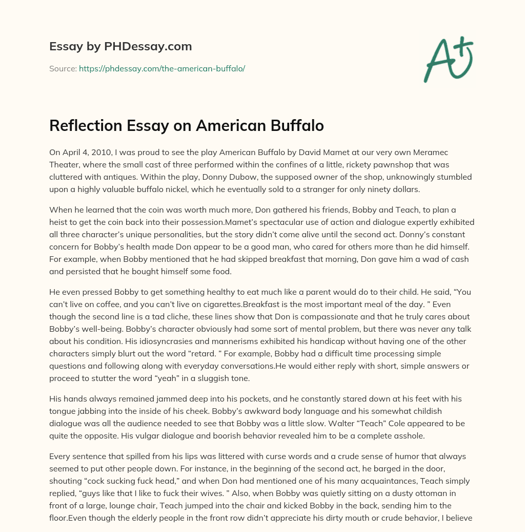 Reflection Essay on American Buffalo essay