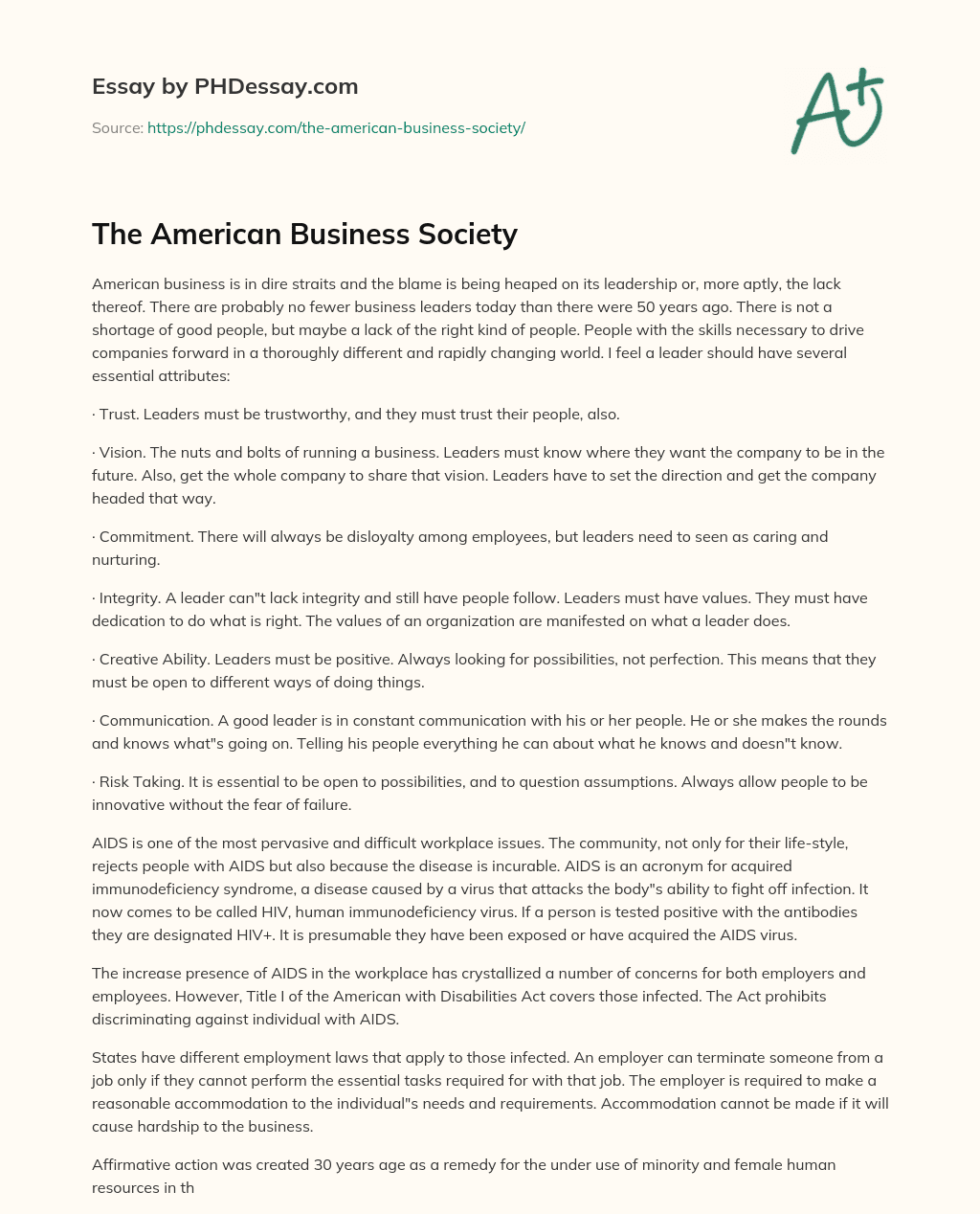 The American Business Society essay