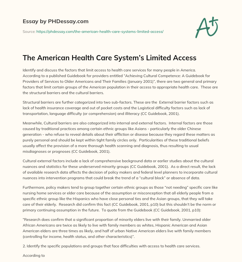The American Health Care System’s Limited Access essay