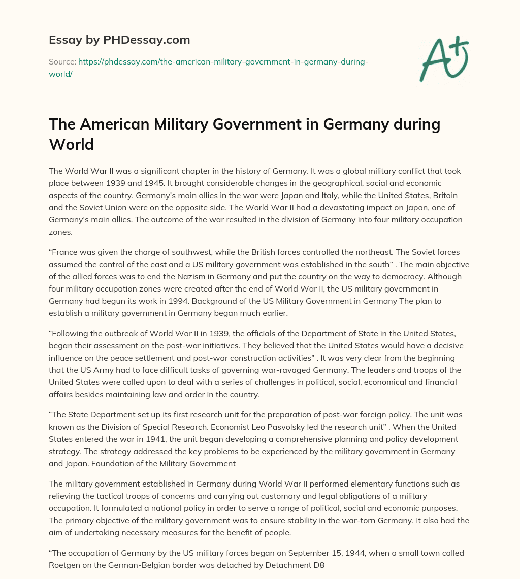 The American Military Government in Germany during World essay