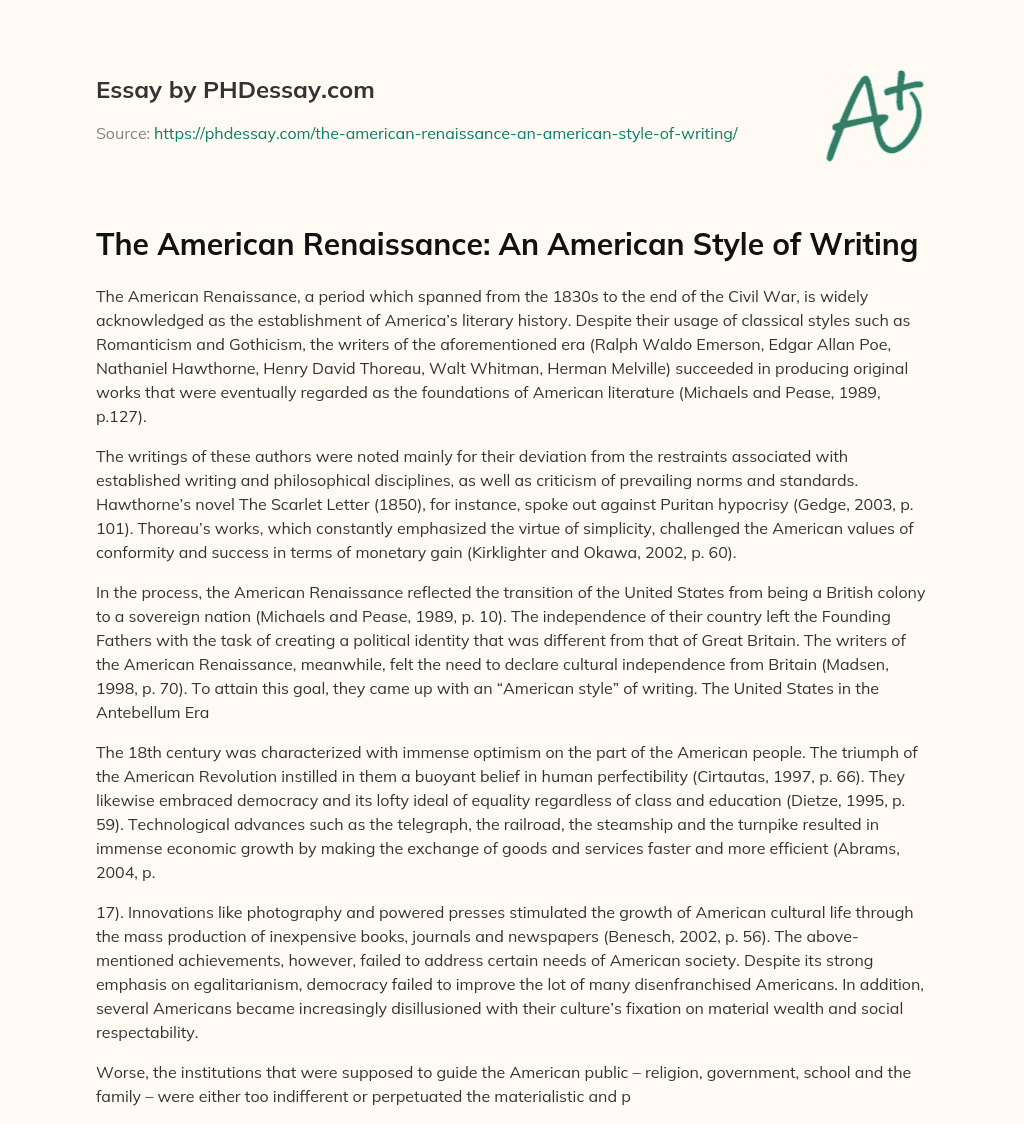 The American Renaissance: An American Style of Writing essay