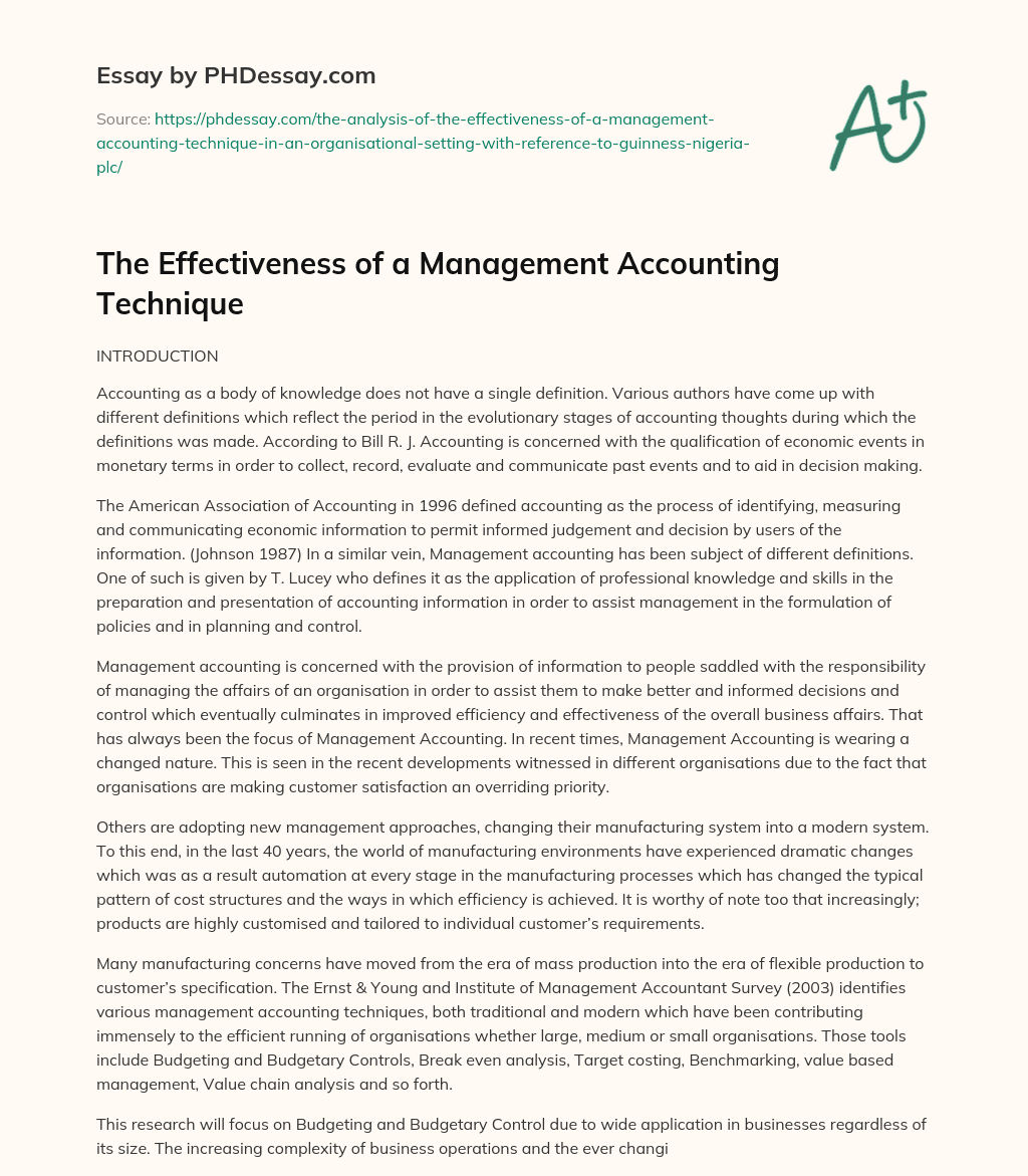 The Effectiveness of a Management Accounting Technique essay