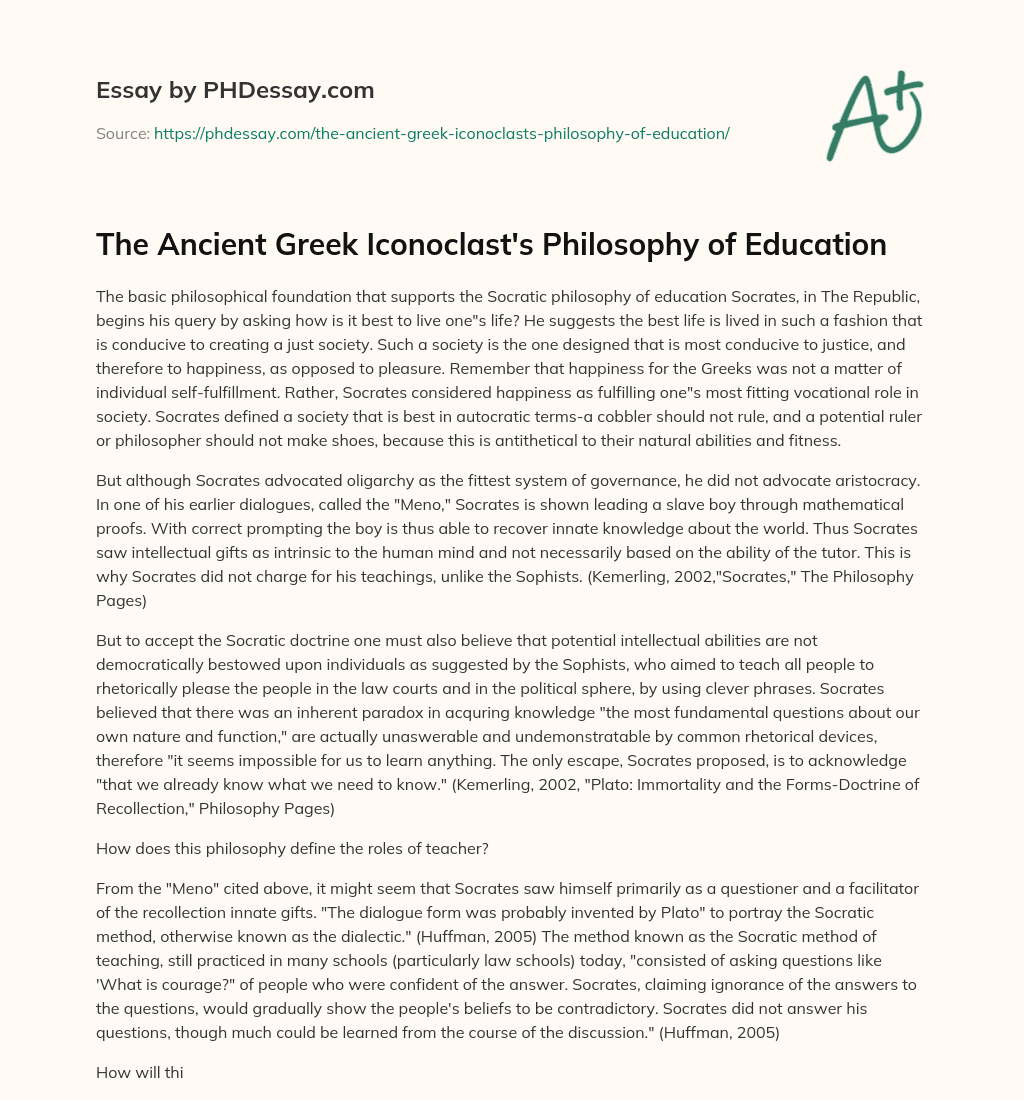 The Ancient Greek Iconoclast’s Philosophy of Education essay