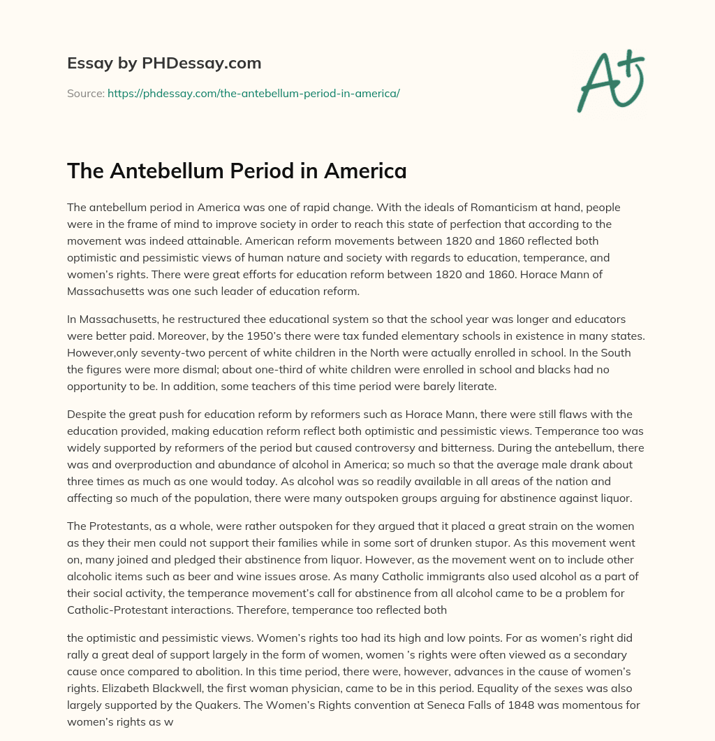 The Antebellum Period in America essay