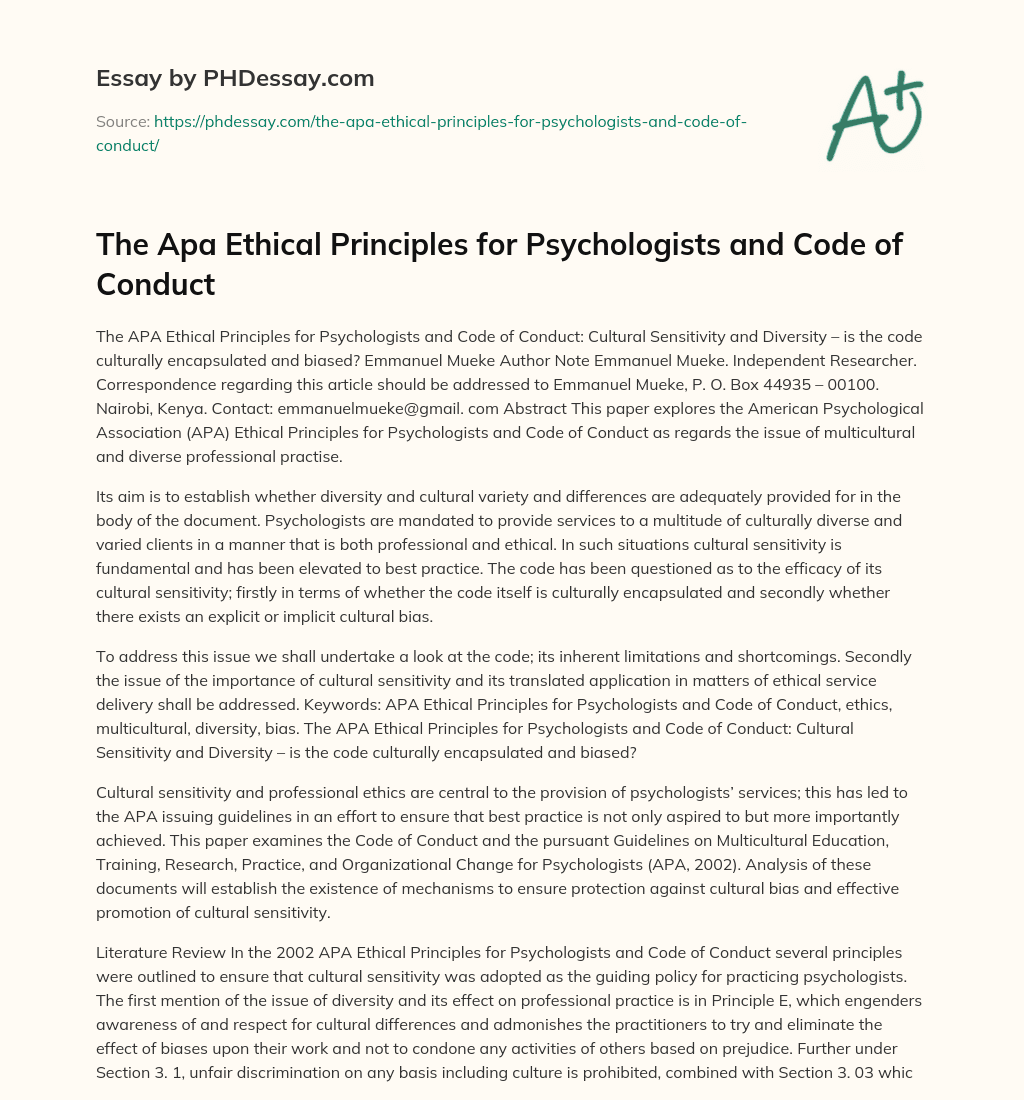 The Apa Ethical Principles For Psychologists And Code Of Conduct 