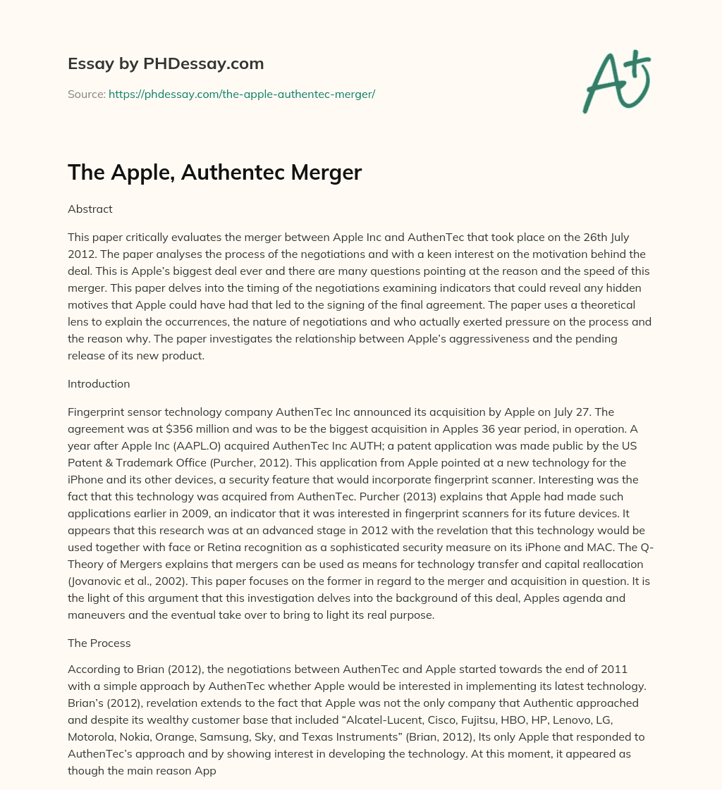 The Apple, Authentec Merger essay