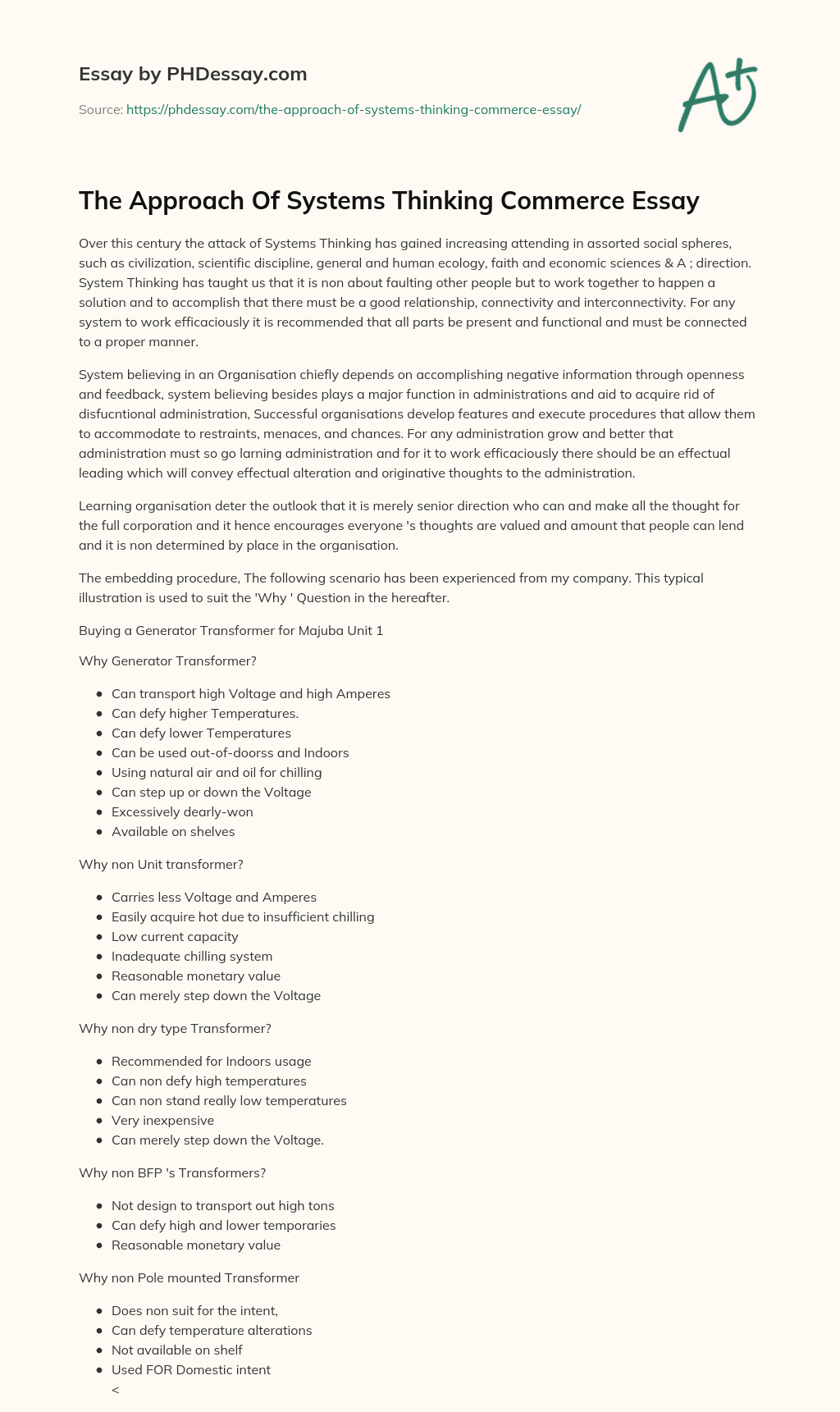 The Approach Of Systems Thinking Commerce Essay essay